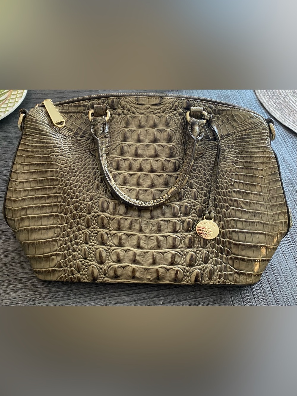 Brahmin Olive Croc-Embossed Satchel with Gold Charm Accent